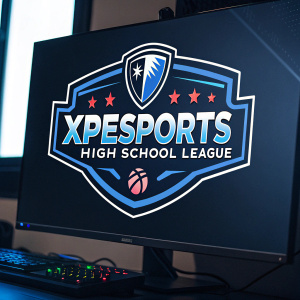Digital illustration showcasing XPEsports High School League logo. Modern design featuring bold, stylized text and shield emblem. Dark background with prominent blue text and emblem. Centered on screen