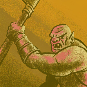Concept art sketch of an angry orc from the Lord of the Rings universe. Created by Weta Workshop. Rough textured paper background with artist's signature