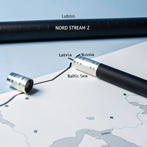 Interactive map highlighting the Nord Stream 2 pipeline. Features Lubmin, the Baltic Sea, Latvia, and Russia. Detailed view of pipeline route and surrounding areas.