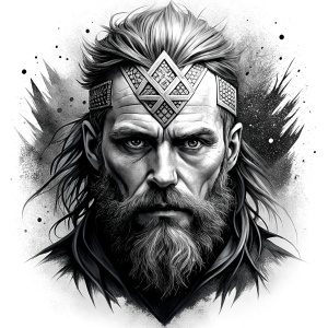 walhalla, viking warrior,  runics face, black work, white backrounds