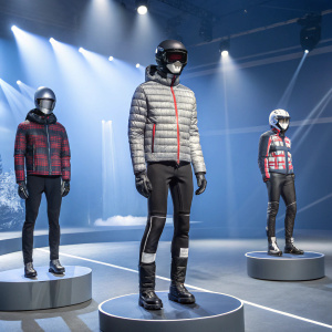 Emporio Armani's latest athletic wear line showcased on mannequins at a sleek sports fashion event. Mannequin in plaid jacket and protective gear at center, against a cool blue backdrop with spotlights.