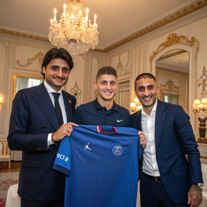 Nasser Al-Khelaifi, Leonardo, and Marco Verratti, all smiling, celebrating a successful moment in a luxurious room. Marco holds up a blue shirt.