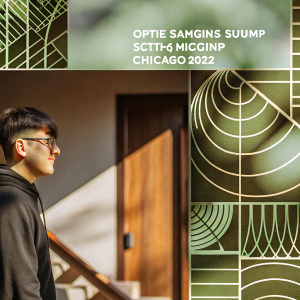 Promotional graphic for Scump, featuring Optic Gaming. Modern design with abstract green and neutral shapes. Scump, a Caucasian male with short dark hair and glasses, in a black hoodie. Optic Chicago 2021/22 event highlighted