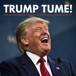 Meme featuring Donald Trump in exaggerated pose. Satirical tone, dark and muted color scheme.
