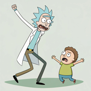 Illustration from 'Rick and Morty'. Dynamic pose with Rick Sanchez towering over a shocked Morty Smith. Minimalist style with bold outlines and limited colors.