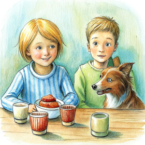 CHILDREN BRECKFAST WITH NUTELLA NEAR A DOG