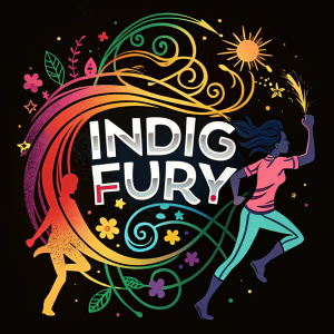 An abstract, vibrant logo design showcasing 'Indig Fury' with dynamic, colorful shapes and symbols, against a solid black background.