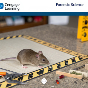 Screenshot from Cengage Learning's eLearning platform, Forensic Science section. Interactive 3D crime scene with a mouse and tools. Left panel shows lab objectives and instructions.