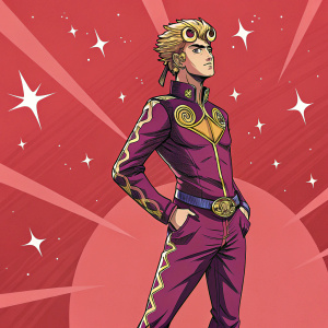 Digital art of Giorno Giovanna from Jojo's Bizarre Adventure. Young man with confident stance. Vibrant red background with light patterns. Character styled like comic book hero. Dynamic and graphic illustration with bold colors and detailed design.