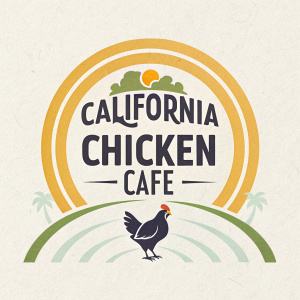 Logo for 'California Chicken Cafe'. Bold, circular arcs and sans-serif font. Yellow, brown, muted green palette. Sleek, modern design.