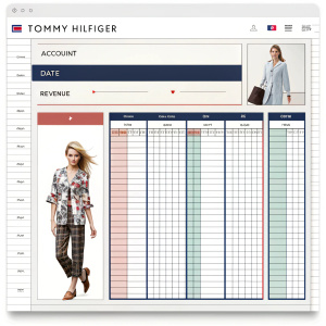 Spreadsheet screenshot showcasing Tommy Hilfiger brand data. Headers include 'Account', 'Date', 'Revenue'. Digital tabular format for detailed financial analysis.