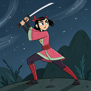 Ashi from Samurai Jack wielding a katana in a heroic stance. The scene is set against a dark, starry night sky with minimal background details. The digital art is vibrant and action-packed.