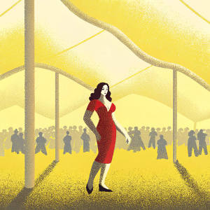 Kat Dennings in a stylish red dress, posing confidently at a bustling outdoor festival. Crowds visible in the background.