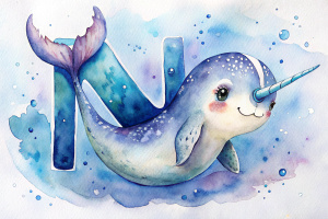  Cute Animal Alphabet letter “N” narwhal isolated on white background