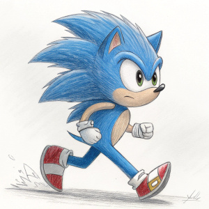 Sketch of Sonic the Hedgehog. Pencil drawing with bold outlines and shading, minimalist background