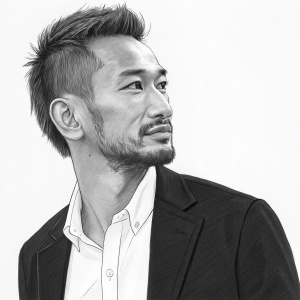 Graphite sketch of Hidetoshi Nakata, Japanese soccer player. White shirt, black jacket, styled short hair, beard. Simplistic plain background