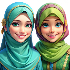 The most detailed anime toon. Elsa and Anna smiling. Both are wearing hijab. Green hijab for Elsa, and blue hijab for Ann. Full body image. 