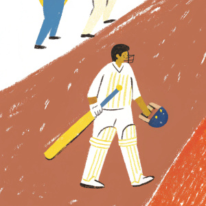 KL Rahul, in his blue cricket uniform with the Indian flag emblem, walks away from the pitch with a focused expression. Helmet and bat in hand. The crowd and other players are blurred in the background, capturing the fast-paced action of the cricket match.