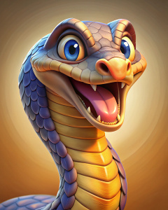 cute kind smiling cobra head digital art. cartoon style. 3/4 side view. 