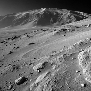 Close-up shot of Martian terrain captured by Curiosity Rover's high-resolution camera. Detailed rocky and dusty surface. Black and white.
