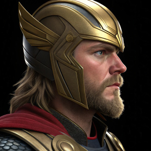 Close-up digital render of Thor's face. He wears golden helmet, detailed facial features. Black background.