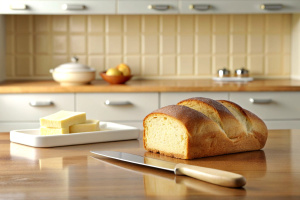  bread and knife whith butter on kitchen