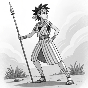 Black and white illustration. Female anime character in a dynamic, heroic pose. Traditional attire with vertical stripes, belt, tribal hairstyle, sandals. Holding a long spear. Simple line art focusing on silhouette and key features. Minimal background.