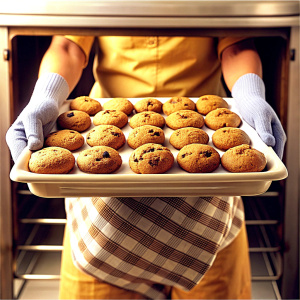 hands pulling fresh and delicious homemade cookies out of the oven