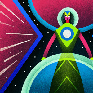 Symmetra from Overwatch in an intricate digital art piece. Brightly colored, angular design blending organic and mechanical elements. Set against a dynamic background of cosmic energy