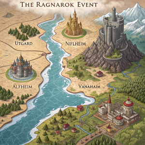 Digital illustration of game map for 'The Ragnarok Event', showcasing iconic locations such as Utgard, Niflheim, Alfheim, and Vanahaim. The map features detailed landscapes with intricate designs highlighting each realm's unique characteristics.