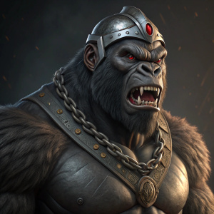 3D rendering of Gorilla Grodd, DC Comics villain. Muscular, broad-chested, powerful arms, angry face with sharp teeth. Wears metallic headpiece and chain necklace. Dark, ominous background.