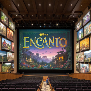 A collage featuring various movie posters from a film festival. Disney's 'Encanto' poster prominently displayed in the center, with rich, stylized font. Posters arranged in a grid pattern.
