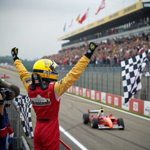 Marc Marquez celebrating victory at the Formula 1 race. Wearing a bright yellow helmet and fireproof suit. Crowds cheering in the background.