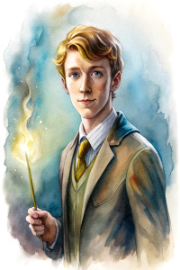 a handsome slender tanned 30-year-old man with short hair, dressed in Hogwarts uniform, holding a magic wand in his right hand