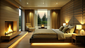 being inside the bed, looking from the bed to the fireplace in the Bachground, luxury modern hotel, at night