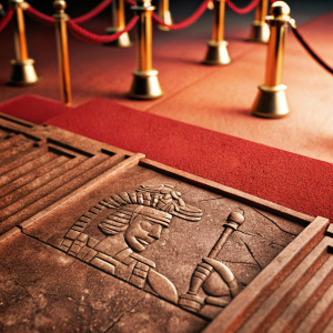 Close-up of an ancient Mayan monument at Palenque. Weathered brown stone surface. Intricate relief carving of a figure in ornate headdress. Red carpet event backdrop.