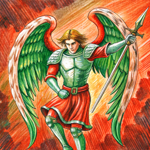 Saint Michael the Archangel in attacking position with sword, defeats the devil, logo, medieval style