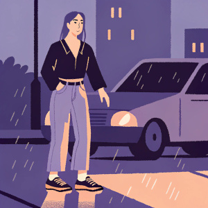 Mary Elizabeth Winstead, standing by a car at night. Wearing a black blouse, casual jeans, and sneakers. City lights reflecting off the wet pavement.