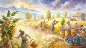 Scenes of abundant harvests of grain, new wine, and oil crops in biblical antiquity