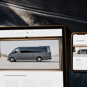 A modern website redesign for Arrival's commercial vehicles. Mockup includes an elegant gray van and a sprawling billboard showcasing the sleek Arrival bus design.