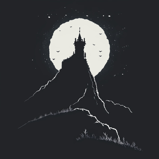 a black background, with a white outline on it the light outlines of an ancient gloomy knight castle standing on a steep cliff. no moon. minimalism style