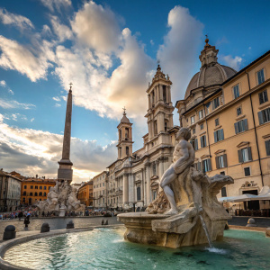 Neptune's Fountain, located in Piazza Navona, Rome. Intricate Baroque sculpture by Gian Lorenzo Bernini. The statue of Neptune stands tall, surrounded by flowing water. The sky above is a vibrant blue, contrasting against the historic architecture of the buildings nearby.