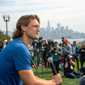 Kelby Tomlinson, baseball player for San Francisco Giants, posing in a casual blue t-shirt during an outdoor press conference.