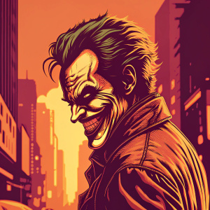 A digital render of the Joker character. The character has green hair, jagged teeth, and a menacing smile. Set against a neon-lit cityscape background.