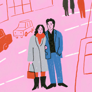 Lindsay Price and Andrew McCarthy, from 'Lipstick Jungle', posing on a busy city street. Lindsay in a gray coat and scarf, Andrew in a blue suit. Both have serious expressions.