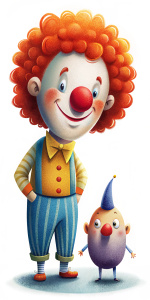 Draw a little funny clown with a big round noose and funny hair in the booth sides of his head, speaking with his little clown friend in the circus
