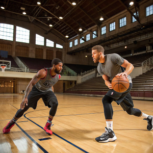 Kyrie Irving and Blake Griffin practicing intense basketball drills. Empty gymnasium with wooden floors and high ceilings.
