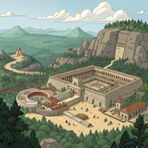 Cartoon artwork for Asterix & Obelix XXL 3. Detailed illustration of a sprawling ancient complex surrounded by dense forests and rugged landscapes.