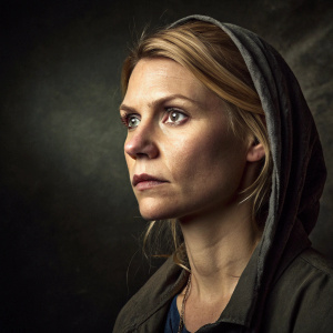 Claire Danes as Carrie Mathison. Intense stare. Dark, textured background. Moody atmosphere.