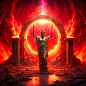 persefome, con el simbolo del dios hades en la mano,dentro de un ouroboros.de fondo una puerta ardiendo al rojo vivo en el infierno hiperrealista, cgi, hdr , iluminacion roja